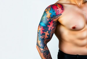 full left arm sleeve dedicated to my son with autism full color giving him the world autism awareness tattoo idea