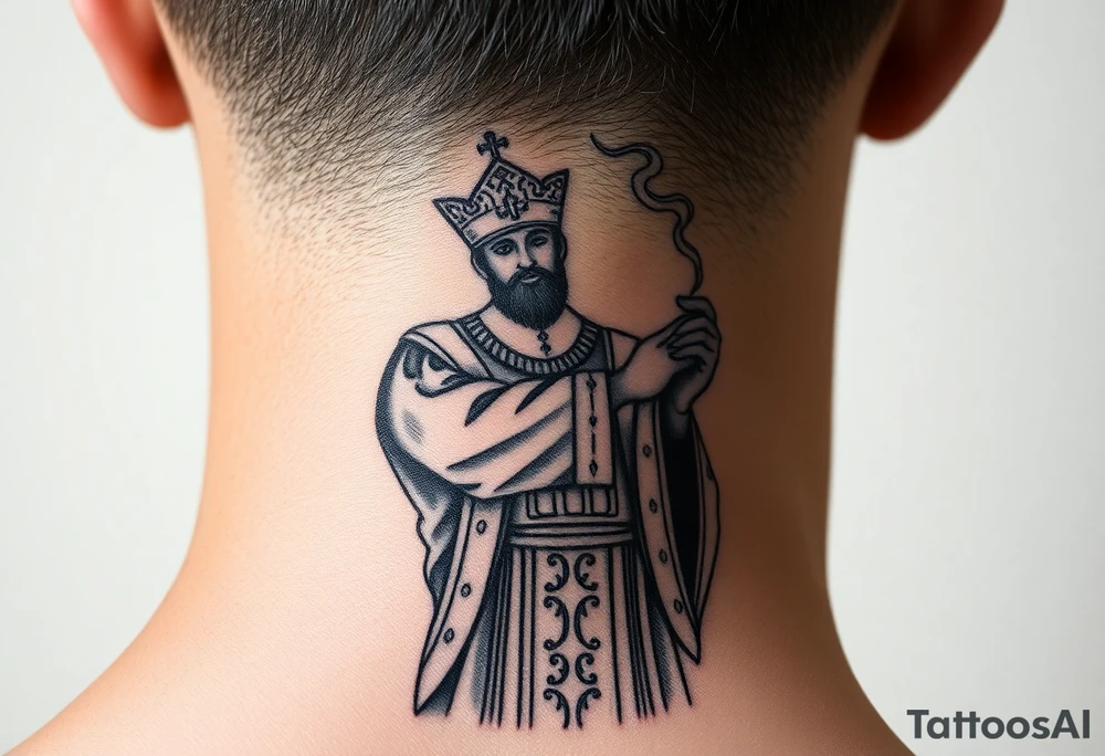 Russian Orthodox Priest in fully detailed vestment swinging a censer with smoke curling upward tattoo idea