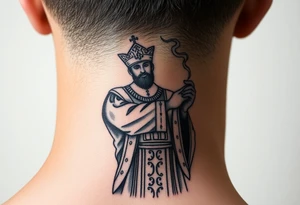 Russian Orthodox Priest in fully detailed vestment swinging a censer with smoke curling upward tattoo idea