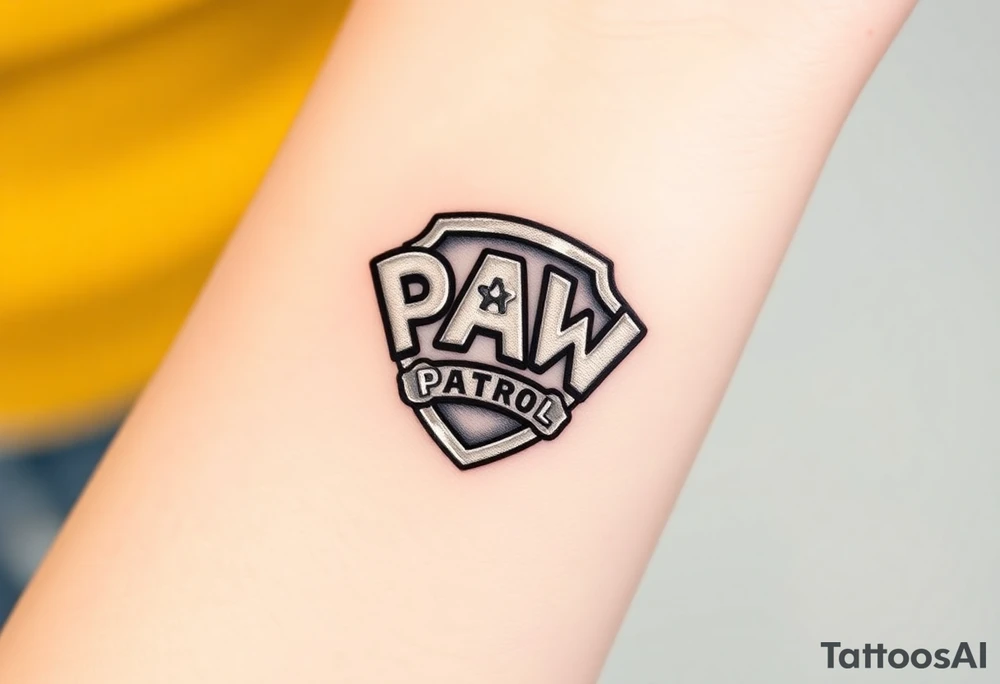 A pentagon-shaped Paw Patrol emblem, in a realistic metallic style with reflective highlights tattoo idea