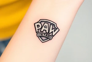 A pentagon-shaped Paw Patrol emblem, in a realistic metallic style with reflective highlights tattoo idea