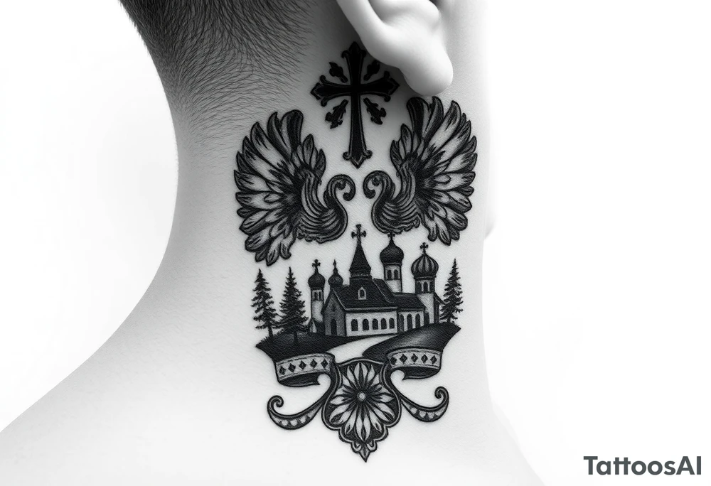 Traditional authentic Russian coat of arms with a Christian orthodox virgin marry in the middle and silhouette in a Russian wilderness Christian orthodoxy dome church village setting on the side of my neck tattoo idea