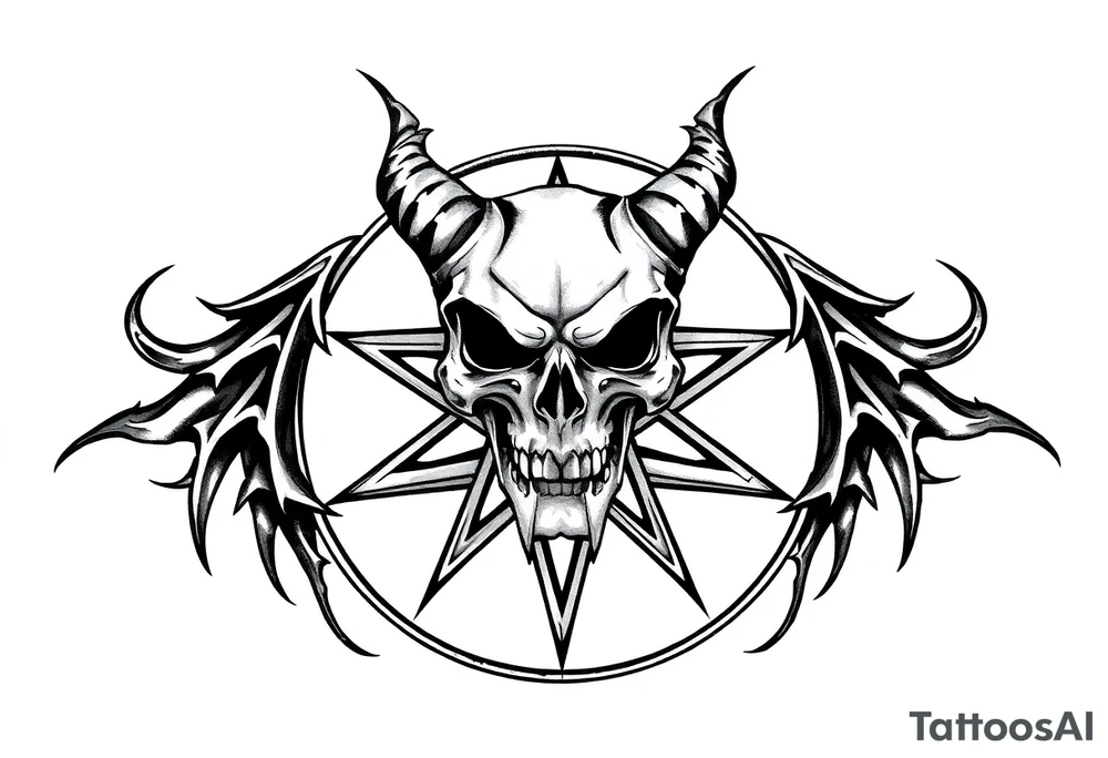 Demon skull over a pentagram surrounded by jagged flowing lines tattoo idea