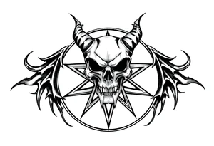 Demon skull over a pentagram surrounded by jagged flowing lines tattoo idea