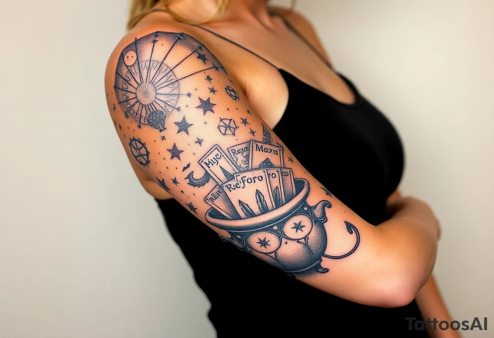 Milky way filled with zodiac symbols runes tarot cards coming out of amcauldron tattoo idea