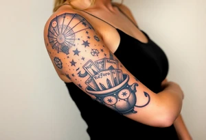 Milky way filled with zodiac symbols runes tarot cards coming out of amcauldron tattoo idea