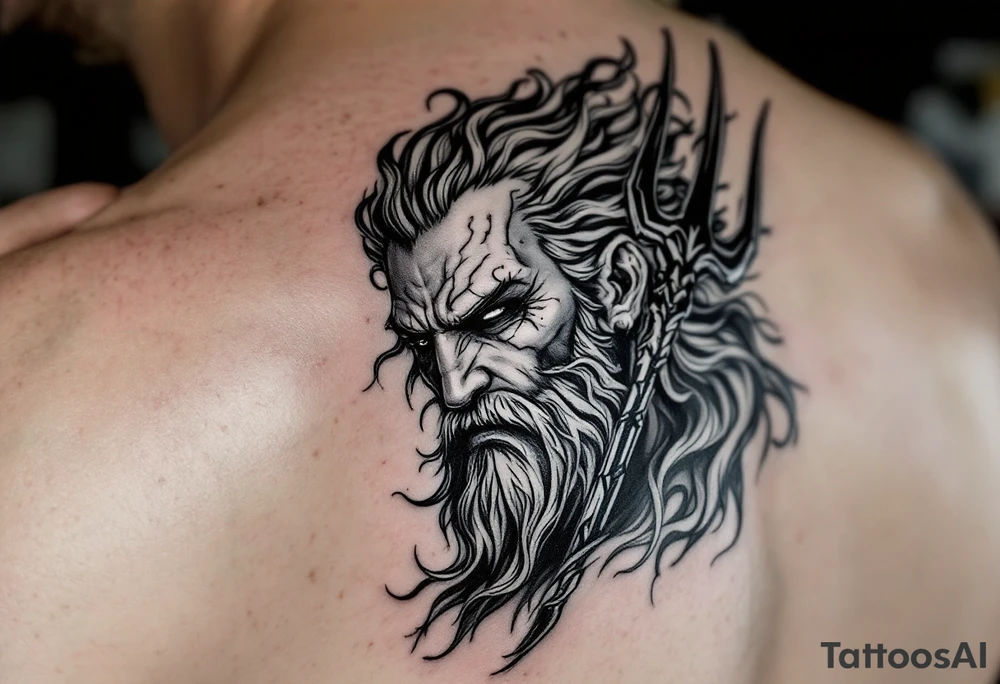 close-up gentle poseidon behind a trident tattoo idea