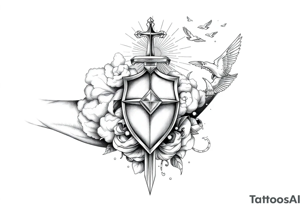 clouds, sword, shield, cross, birds, sun rays tattoo idea clouds, sword, shield, cross, birds, sun rays tattoo idea