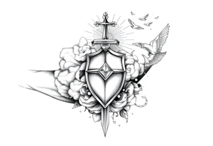 clouds, sword, shield, cross, birds, sun rays tattoo idea