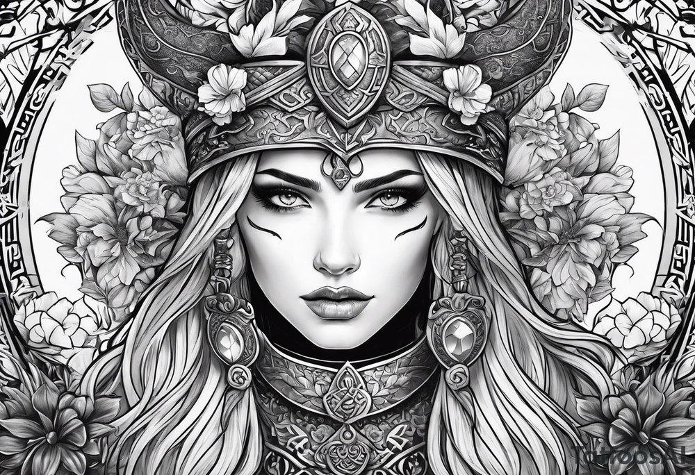 Viking, feminine warrior, bedroom eyes, headshot, princess, round emblem, moon goddess, Gaia, flowers, axe tattoo idea