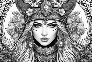 Viking, feminine warrior, bedroom eyes, headshot, princess, round emblem, moon goddess, Gaia, flowers, axe tattoo idea