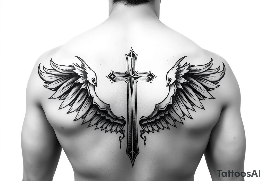 A Christian gangster inspired back tattoo with a cross in the middle tattoo idea