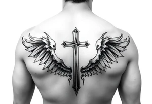 A Christian gangster inspired back tattoo with a cross in the middle tattoo idea
