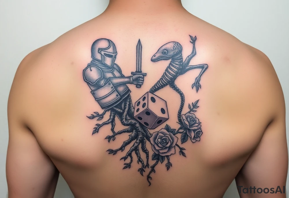 knight and squid intertwined with tree roots and roses rolling dice tattoo idea