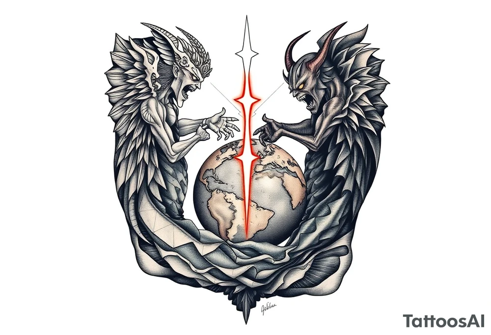 Heaven and hell fighting each other on earth tattoo idea