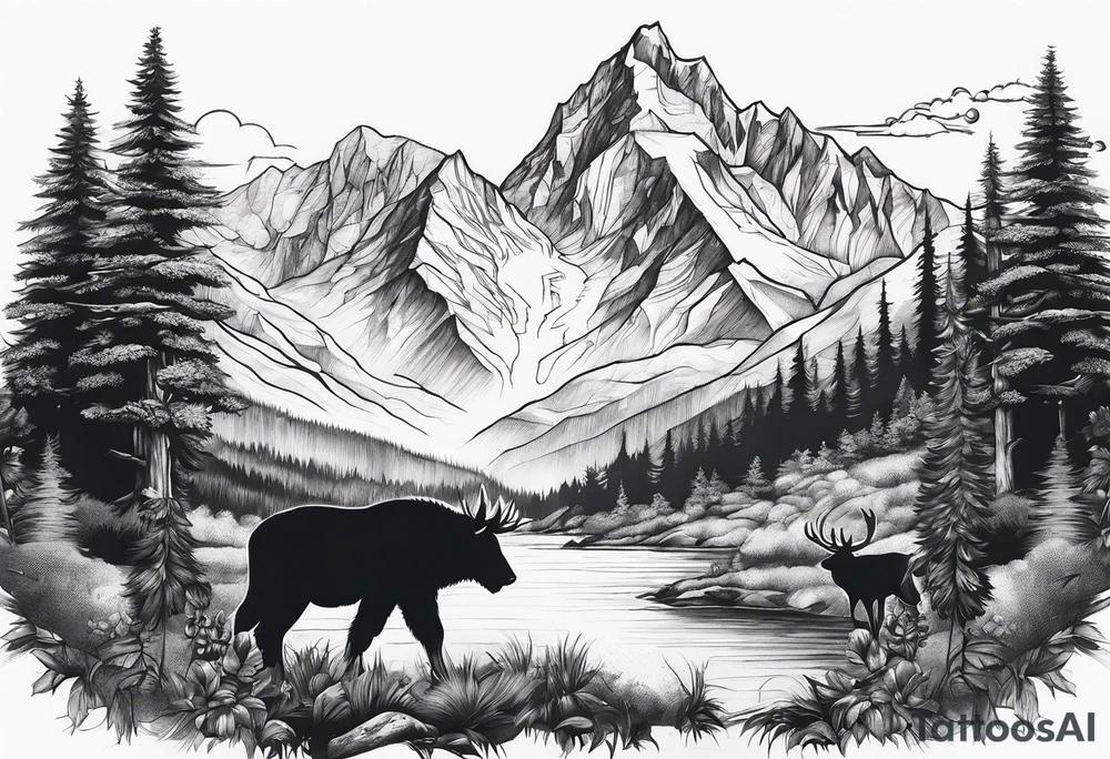 Mountains, animals, concept tattoo idea