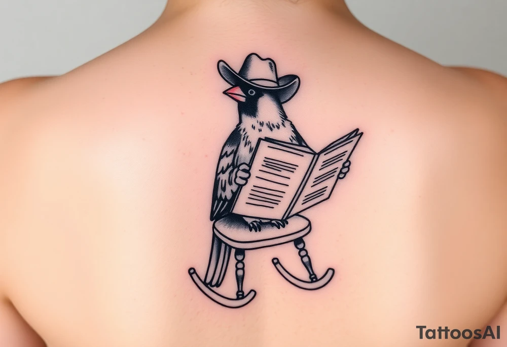 A cardinal wearing a cowboy hat, sitting in a rocking chair reading a newspaper tattoo idea