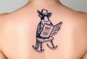 A cardinal wearing a cowboy hat, sitting in a rocking chair reading a newspaper tattoo idea