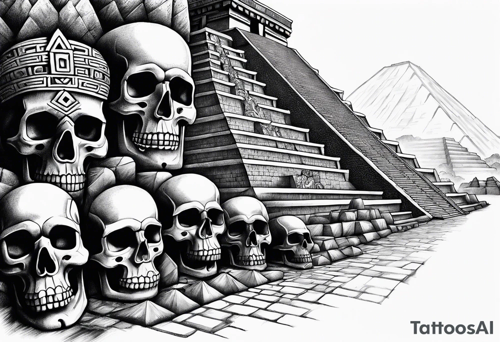 Aztec pyramids and wall of skulls sleeve incorporate factual items found in Teotihuacan tattoo idea