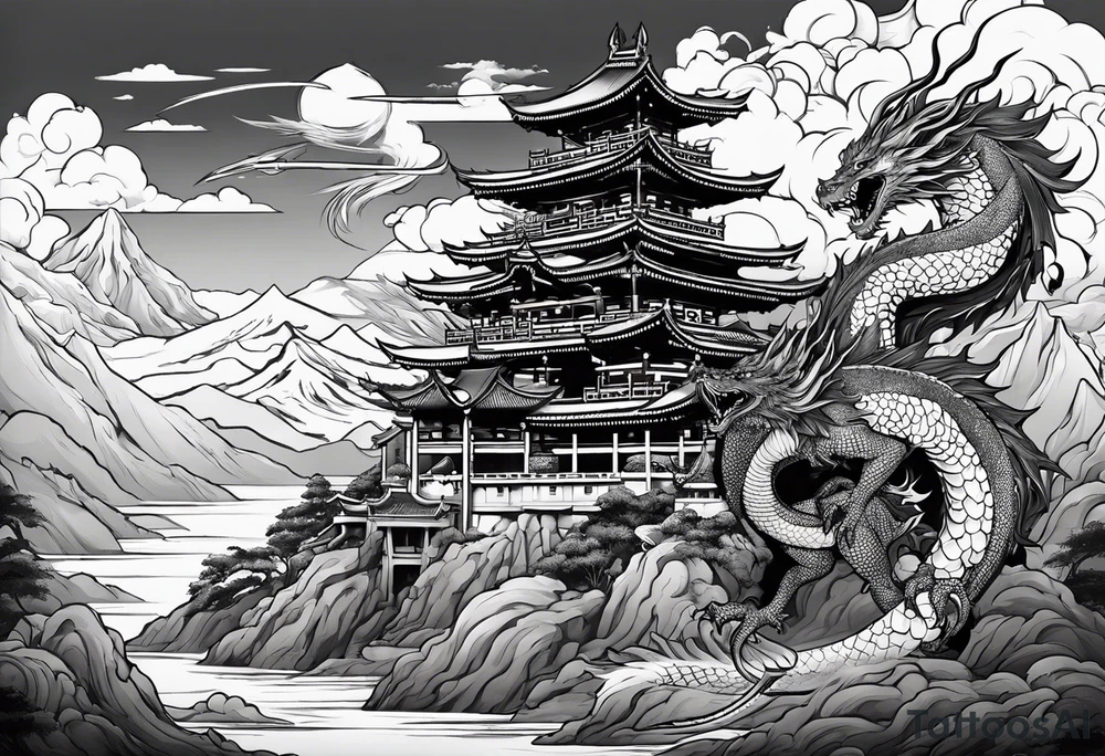 warrior beautiful fairy with a full body holding a sword and a full dragon and the background will be mountains, clouds, and a Japanese building tattoo idea
