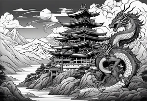warrior beautiful fairy with a full body holding a sword and a full dragon and the background will be mountains, clouds, and a Japanese building tattoo idea