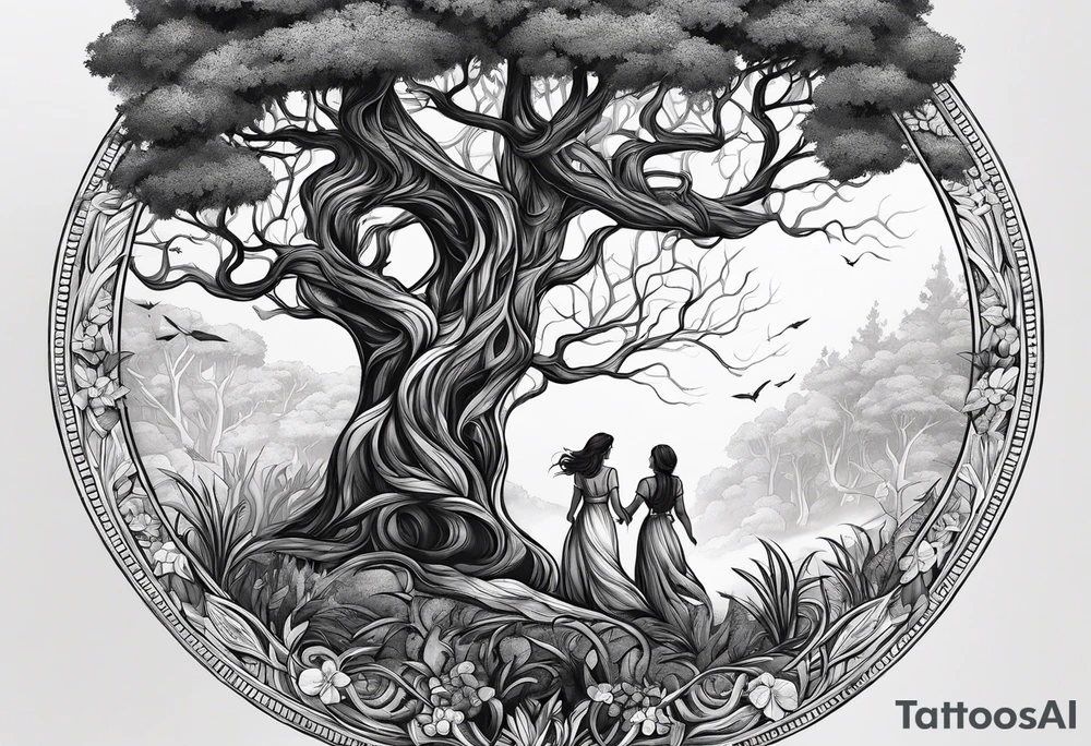 alcateia e matilha de leões na floresta caminhando para uma arvore tattoo idea