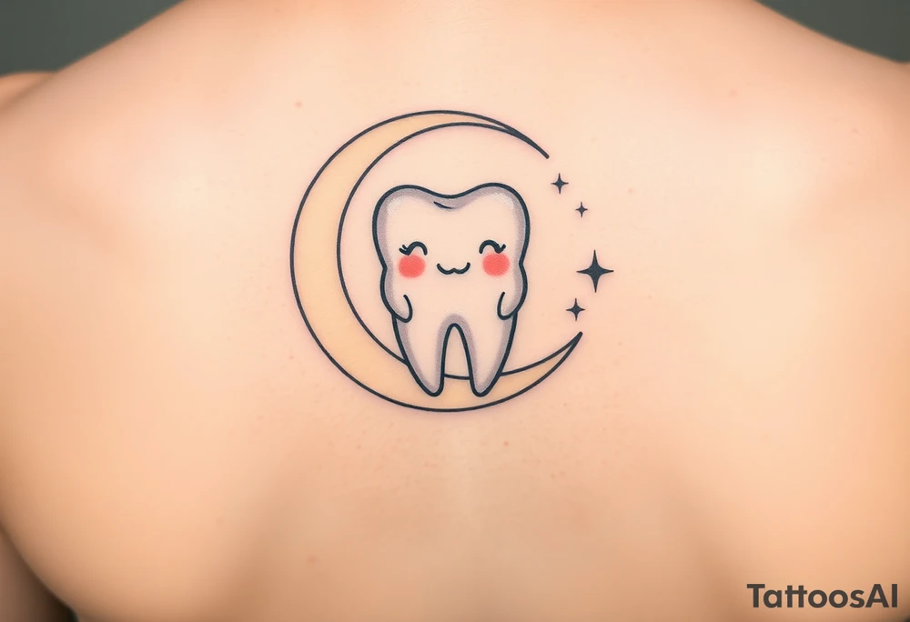 “A cute cartoon-style molar tooth sitting and gently hanging from a crescent moon, surrounded by small sparkling stars. The tooth has a sweet, happy expression (like blushing cheeks and a tiny smile), and the design is minimalistic, clean, and suitable for a small tattoo. Soft pastel colors with smooth shading, delicate outlines, and a dreamy, celestial vibe.” make it short behind the ears tattoo idea