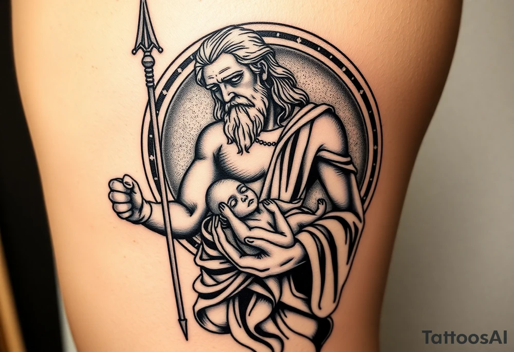 a tattoo design of the Greek God Saturn but older and nearly dying holding his spear, in his other arms cradling a twin dying younger version of himself. The gemini constellation is in the background behind the Saturn Gods. Long vertical form as this will be on a thigh - include the planet Saturn rings going round the design tattoo idea