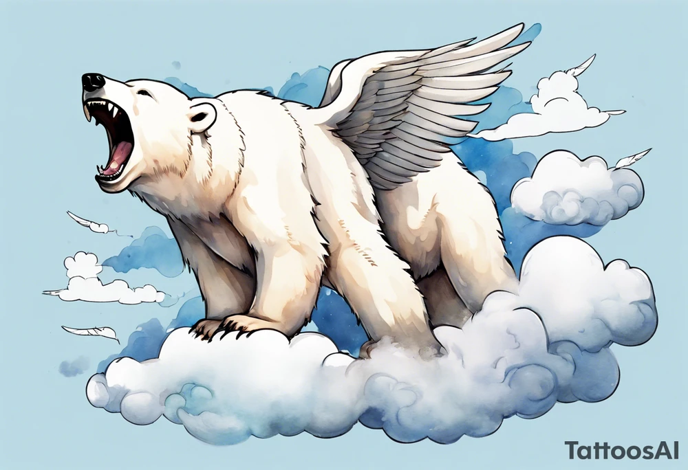 a polar bear with wings surrounded by clouds in the sky, laughing tattoo idea