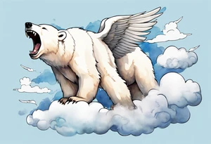 a polar bear with wings surrounded by clouds in the sky, laughing tattoo idea
