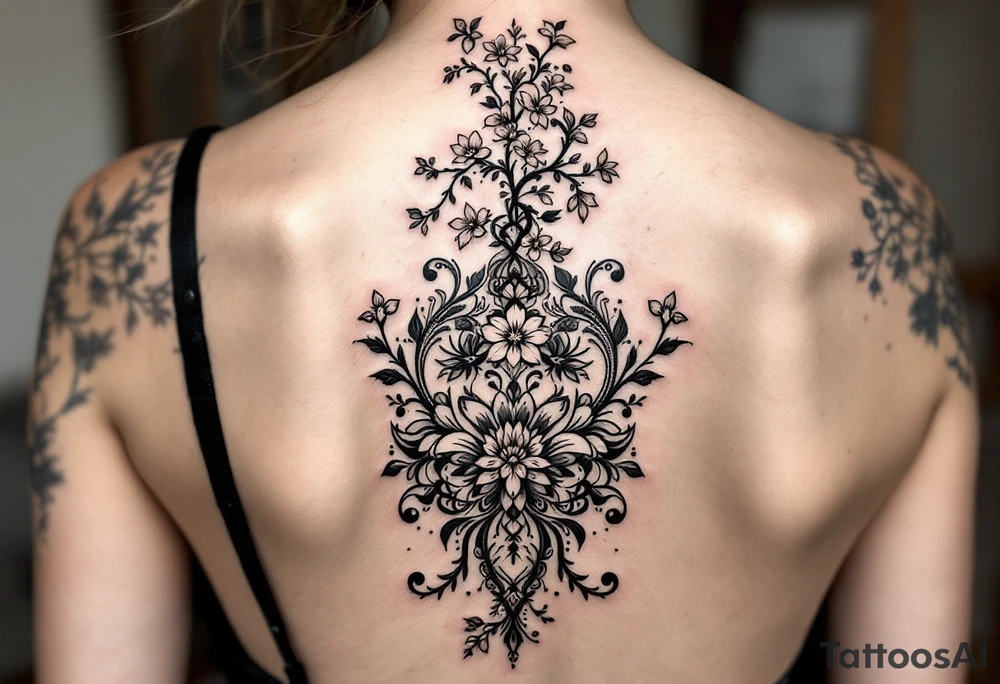 1.	Cherry Blossom Flow (Central Spine): A cascading cherry blossom flowing vertically along the spine to cover the central portion of the existing tattoo. Symmetrical patterns inspired by ornamental designs, with intricate curves and dotwork extending outward from the base of the spine. These elements should balance the floral motif and enhance the lower back area with a decorative, feminine flair.
	3.	Dotwork and Contouring: Delicate linework and dot patterns should be added around the floral design to give texture and seamlessly blend the tattoo with the surrounding skin. The ornamentation should curve naturally along the shape of the body, creating a cohesive, elegant look. tattoo idea