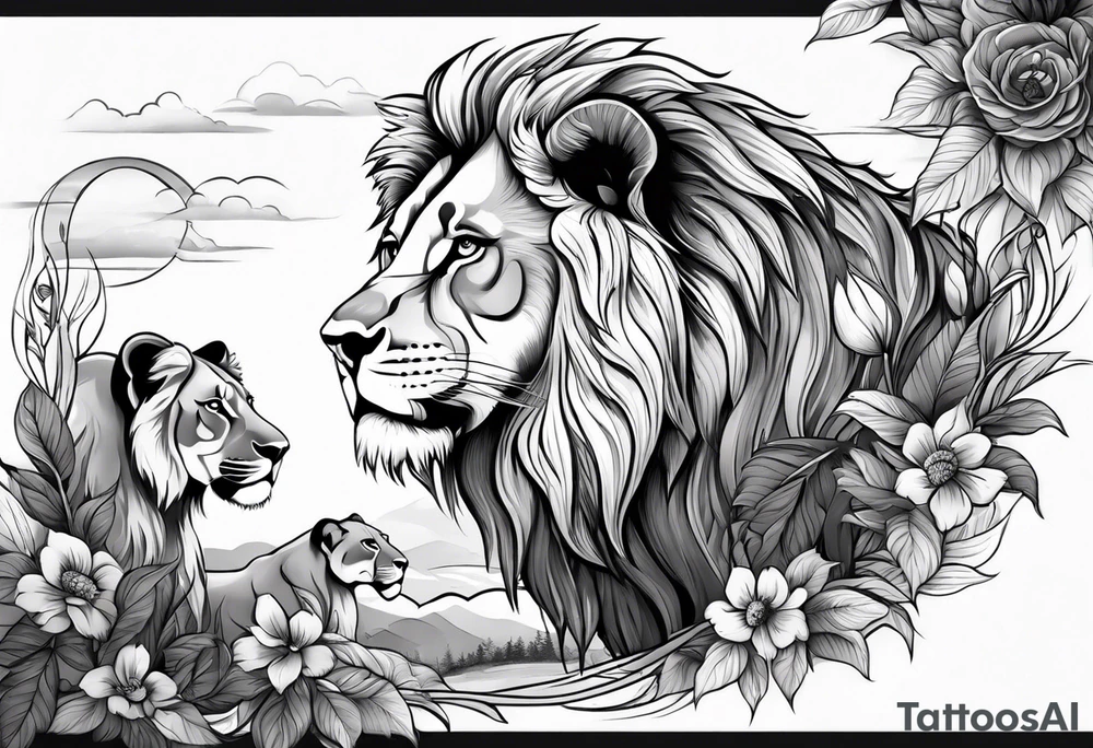 shoulder sleeve with lion and cub, landscape background tattoo idea