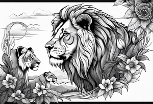 shoulder sleeve with lion and cub, landscape background tattoo idea