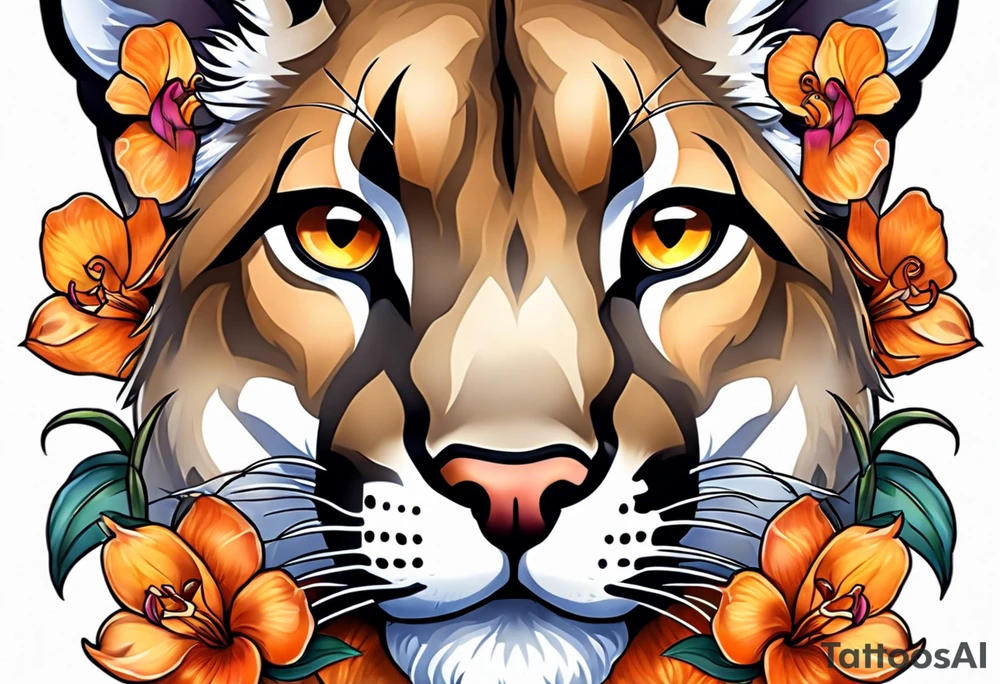 Mother mountain lion with orange orchids tattoo idea