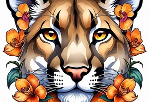 Mother mountain lion with orange orchids tattoo idea