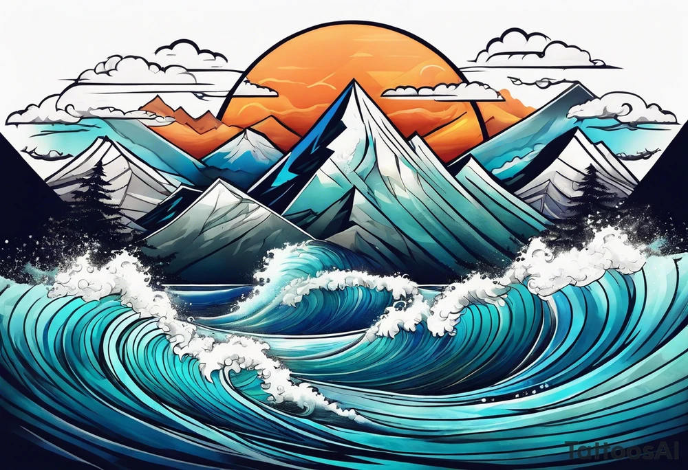 Mountains and big ocean waves  crashing diamond shape half and half tattoo idea
