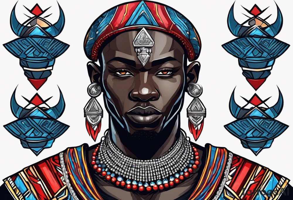Black-skinned bald african warrior. He wears a simple and small silver crown. He uses blue and red necklaces tattoo idea