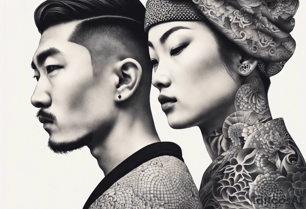 two naked humans with bold heads carving each another with tools. japanese clouds around tattoo idea