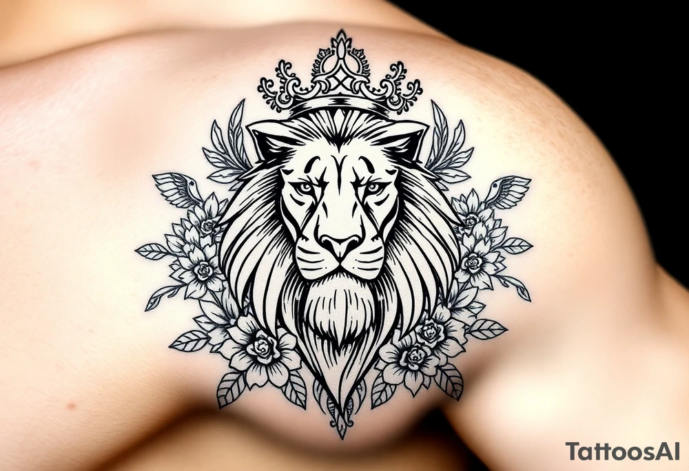 powerful majestic lion with a crown, surrounded by floral ornaments and birds tattoo idea