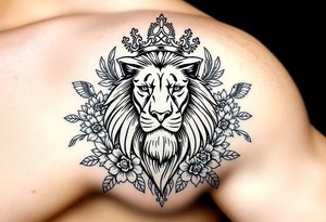 powerful majestic lion with a crown, surrounded by floral ornaments and birds tattoo idea
