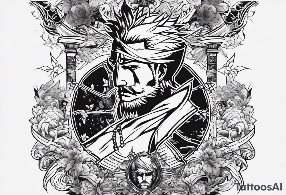 design me a tatoo for my fore arm inculde anime elements of one piece zoro  and vinland saga gaming elements of old school games of rockstar games max payne and tekken metal band and rock elements like nirvana mattlica ac dc deep purple pinkfloyd tattoo idea