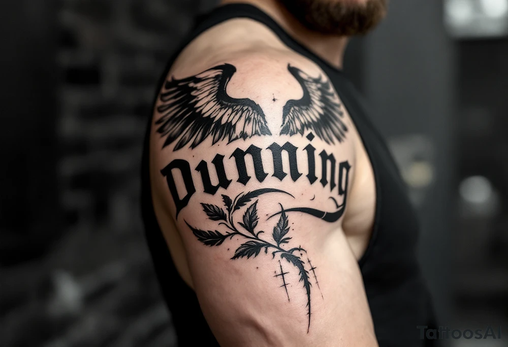 Dunning,on left arm details include angel wing, greek type of font,jungle leaves , tiger claw scratch tattoo idea