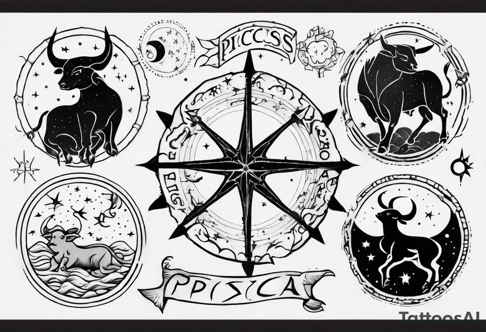 nigh sky, showing zodiac sign for Pisces and Taurus tattoo idea