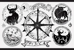 nigh sky, showing zodiac sign for Pisces and Taurus tattoo idea