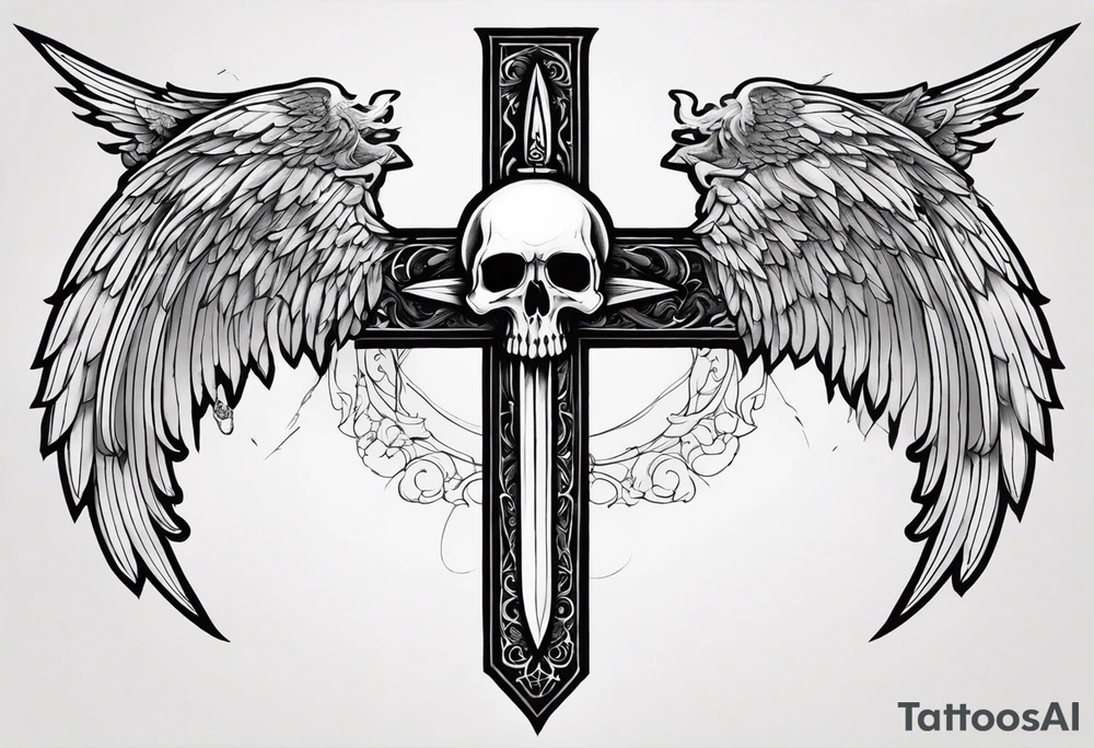 In the center is a half skull pierced by a large sword. On either side of the skull, there are spread angel wings, Beneath the skull is a ribbon cross elements on that, ribbon weaves through both the skull and the sword tattoo idea