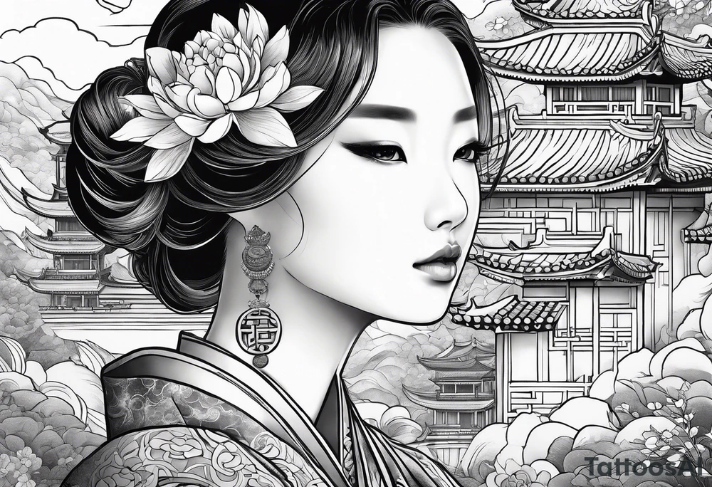 Chinese wall, realistic, art, sideview, highlight,outlines tattoo idea