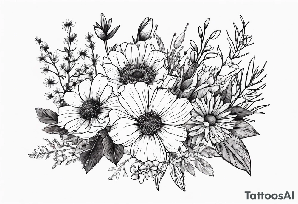 saturated mixed wildflower bouquet detailed with color tattoo idea