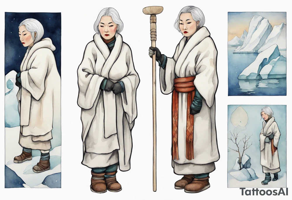 a middle aged Inuit woman with white hair wearing a white robe, white mittens and mukluks holding a plain white staff, standing on an iceberg tattoo idea