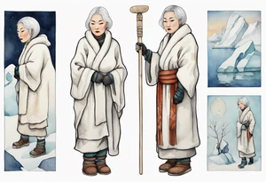 a middle aged Inuit woman with white hair wearing a white robe, white mittens and mukluks holding a plain white staff, standing on an iceberg tattoo idea