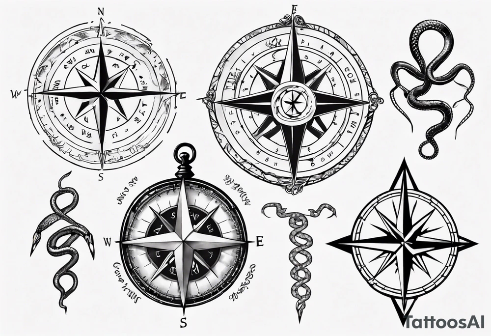 Compass tatoo with snake and gemini tattoo idea